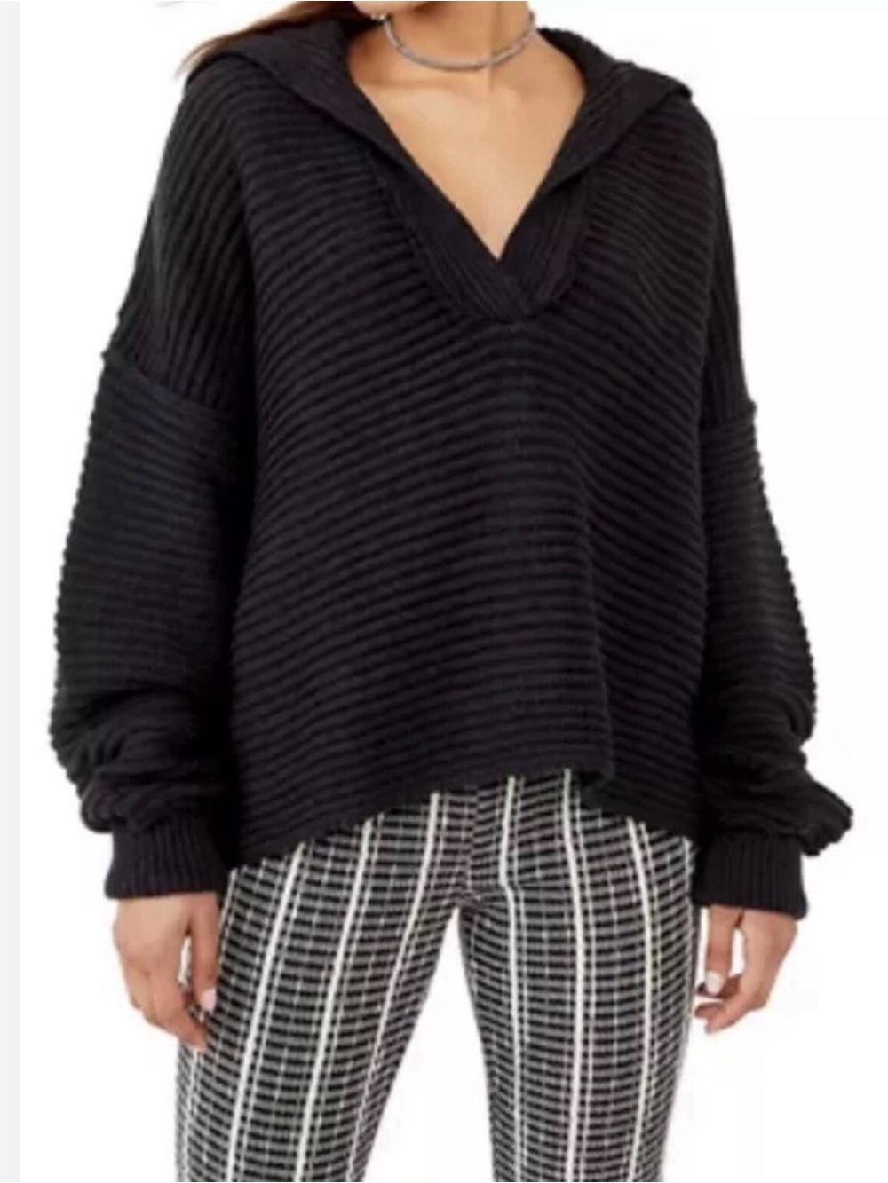 Free People Marlin Deep V Black Oversized Knit pullover Sweater